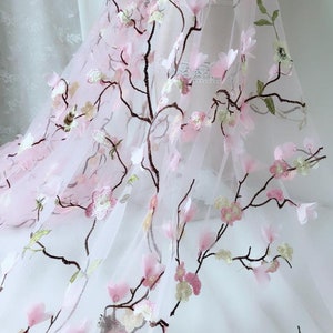 Delicate 3D Floral Blossom Lace Fabric, Pink Petals and Brown Branches Embroidery Pink Tulle Fabric for Wedding Dress, Flower Girl Dress