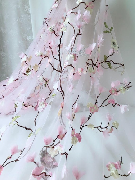 Delicate 3D Floral Blossom Lace Fabric Pink Petals and Brown Branches Embroidery Pink Tulle Fabric for Wedding Dress Flower Girl Dress Etsy