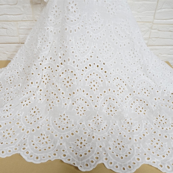 Off White Eyelet Cotton Lace Fabric Scalloped Edge Cotton Fabric By the Yard