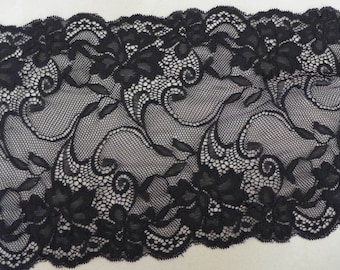 1 yard, black stretch lace 7.08" wide for lingerie, bridal, headbands, wedding gloves, garments