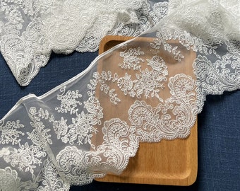 Floral embroidery tulle lace trim 5.3" Wide off white mesh lace trim for sewing diy crafts by the yard