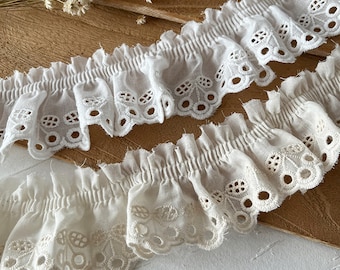 Vintage Eyelet Cotton Embroidery Ruffle Lace Trim, Pleated Cotton Trim, Cuff Lace, Decorative Lace, Dress Lace, By the Yard