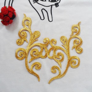 Gold Lace Applique, Gold Venice Embroidery Applique, Embroidered Applique Pair for Wedding, Bridal Hair Flowers, Sash, Bodice, Dress