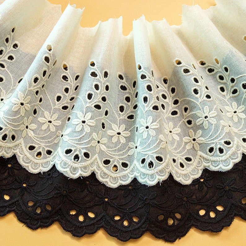 Black Cotton Lace Trim, 5.3 Wide Cotton Lace Trimming, Black Lace Trim with Eyelet Embroidery One Yard image 3