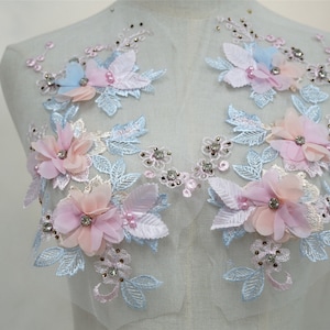 Blue Pink Lace Applique, 3D Flower Lace Applique, Pearl Beaded Embroidery Lace Applique for Flower Girl Dress, Dancing Costume