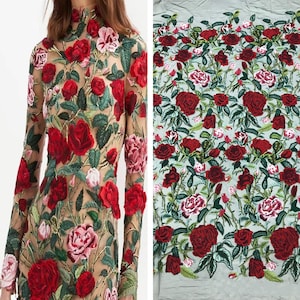 Red Flower Embroidery Lace Fabric Colorful Floral Tulle Lace Mesh Fabric For Summer Dress Evening Dress Costume Wedding Couture