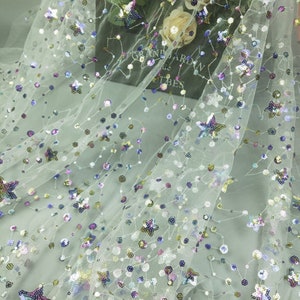 Tela de encaje de malla con estrellas de colores y lentejuelas, tela de tul con estrellas para vestidos de cumpleaños, vestidos de noche y vestidos de gala, por 1 yarda