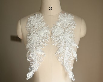 High-end Pair Lace Applique, Heavy Beaded Lace Applique, Bridal Applique with Sequins and Beads, for Gown, Bodice, Veil, Wedding Making