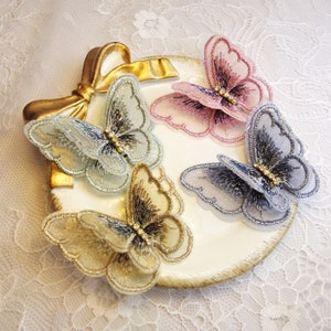 4 Pieces-Butterfly Lace Applique, Organza Butterfly Patch, Rhinestones Beaded Butterfly Patch for Gown, Garter, Sash, Headpieces, Veil