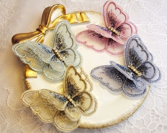 4 Pieces-Butterfly Lace Applique, Organza Butterfly Patch, Rhinestones Beaded Butterfly Patch for Gown, Garter, Sash, Headpieces, Veil