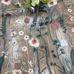 Delicate Colorful Floral Embroidered Lace Fabric Heavy Embroidery Flower Mesh Tulle Fabric for Wedding Dress Formal Gown Prom Dress