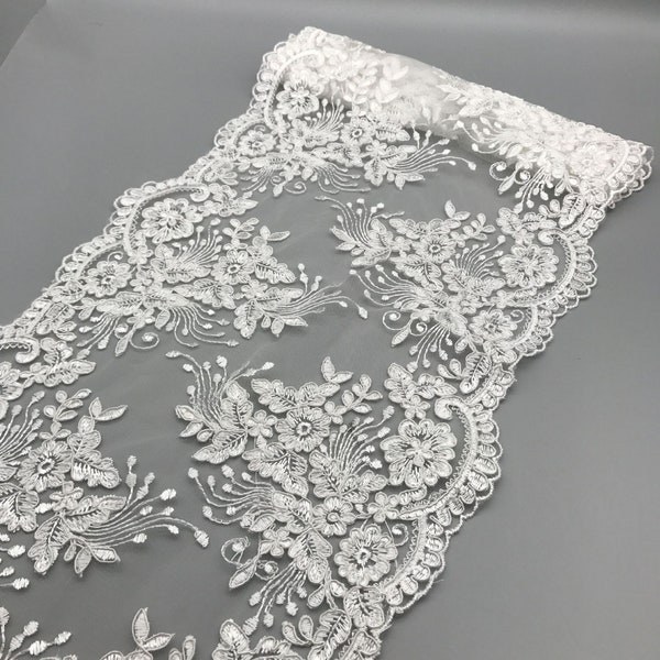 Cord Lace Trim with Double Sides Scalloped Edge , Alencon Lace Trim, Bridal Lace Trim, Scalloped Lace for Bridal Veil, Lace Top, Cape