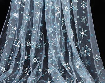 Light Blue Star Mesh Tulle Fabric, Blue Star Snowflake Glitter Tulle Lace Fabric for Wedding Dress, Tutu Dress, Prom Gown, Children's Skirt