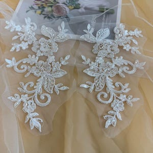 Delicate Floral Patch, Sequins Beads Embroidery Applique Pair for Wedding Dress, Prom Gown, Lyrical Dance, Evening Dress, Bodice Dress