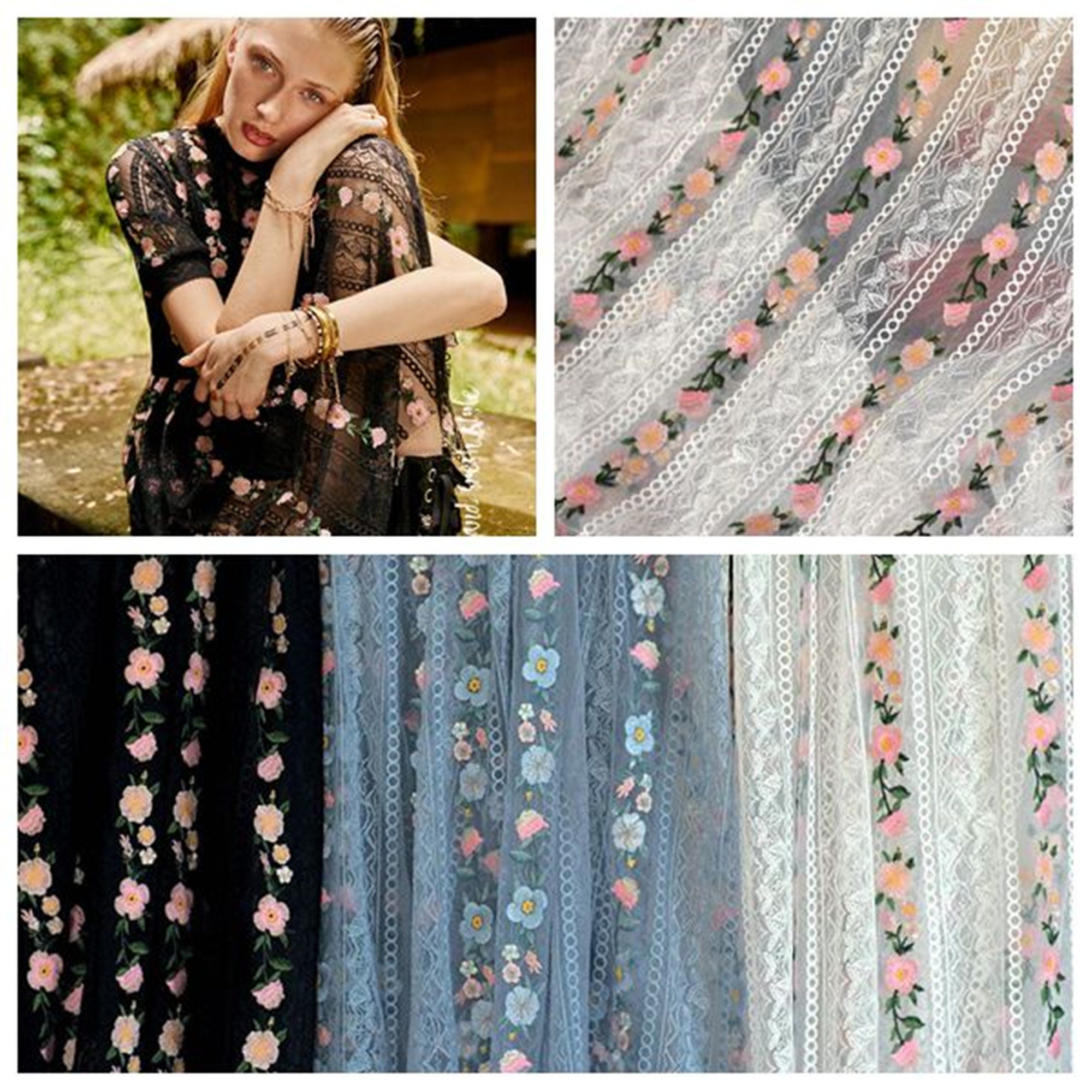 Gorgeous Embroidered Lace Fabric, Multi-color Floral Embroidery Tulle ...