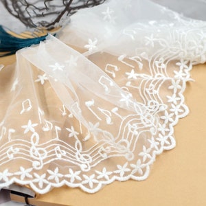 Splendido pizzo di tulle bianco sporco, pizzo per abiti ricamato, nastro di pizzo ricamato con note musicali, materiali fai da te, venduto a 1 metro