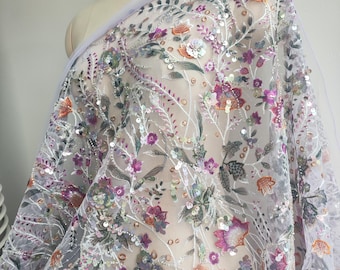 Broderityg med växtblommor, paljettblommigt pärlspetstyg för festklänning, balklänning, aftonklänning, danskostymer, metervara