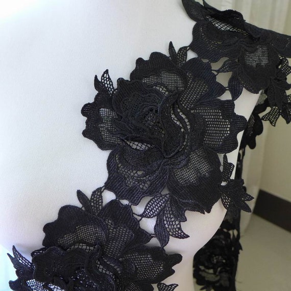 Roses Trim, Black Venice Lace Trim, Black Roses Applique, Rose