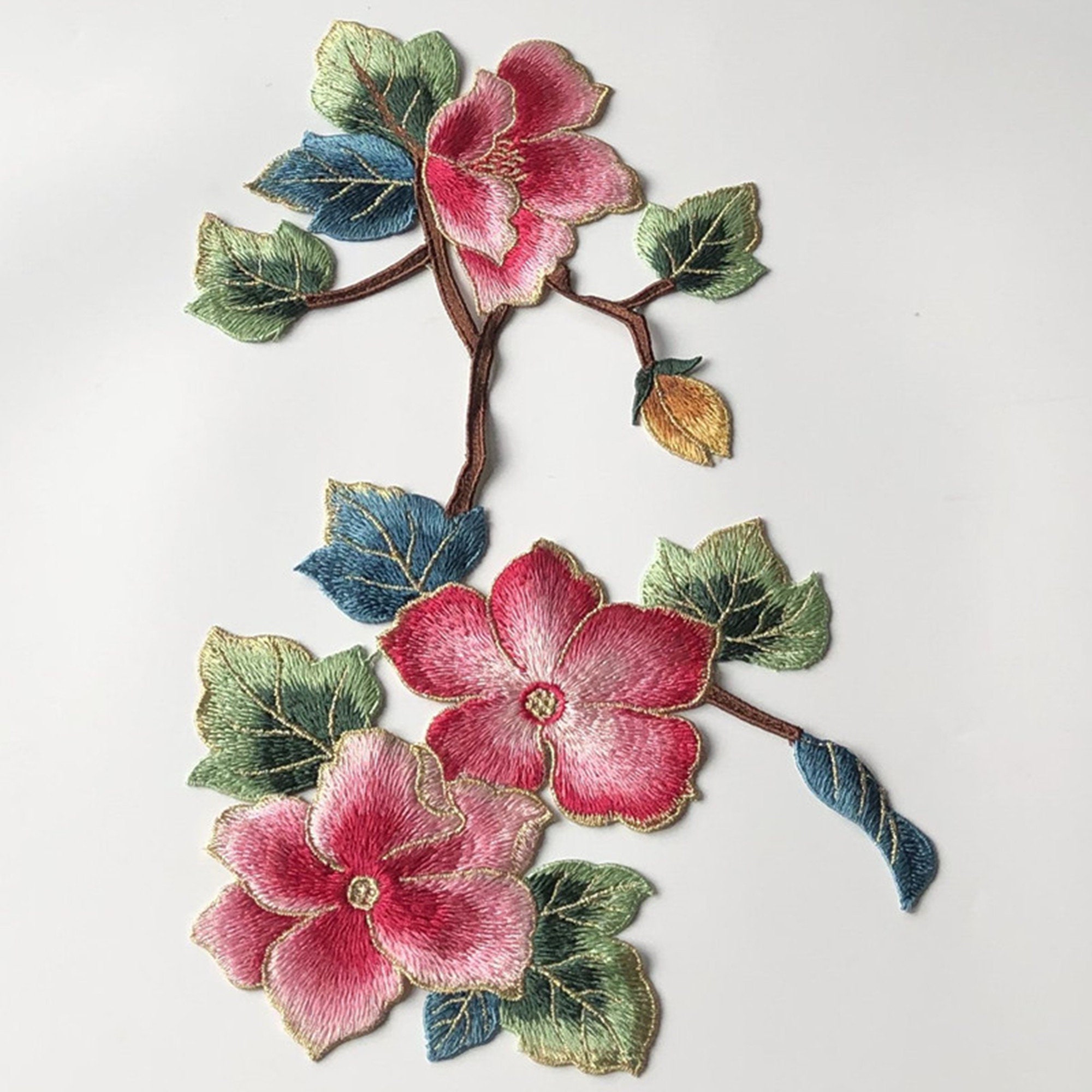 Vintage Flowers Leaves Embroidery Applique Lace Patch Motif for Party Gown, Wedding Dress, Cheongsam, Costume Evening Dress 1 PC
