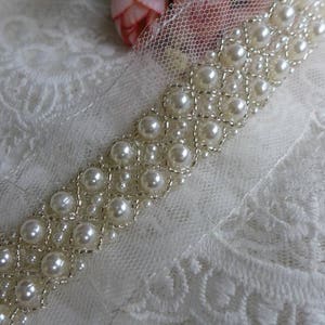 Ivory Beaded Jewelry Trim On Mesh Bridal Trim With Pearls Beading Trim Bridal Sash Bridal Belt image 4