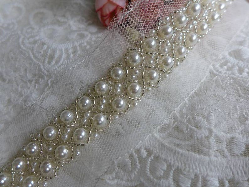 Ivory Beaded Jewelry Trim On Mesh Bridal Trim With Pearls Beading Trim Bridal Sash Bridal Belt image 4