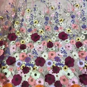 Colorful Embroidered Tulle Lace Fabric with 3D Flowers, Vivid Flowers Floral Fabric for Bridals, Wedding Dress, Pageant Gown, By 1 Yard #6 peach pink mesh