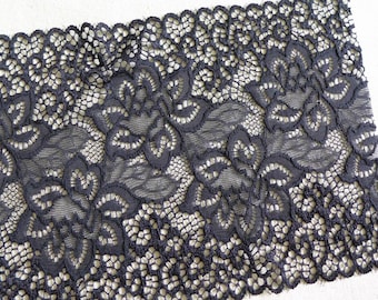 black stretch lace, elastic lace trim with roses, lingerie headband sewing lace, 7.08" wide one yard
