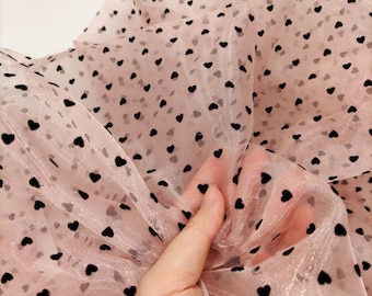 Tiny Shining Pink Khaki Organza Fabric, Black Flocked Heart Lace Fabric for Bridal Dress, Tutu Dress, Headband, Birthday Dress, by 1 yard