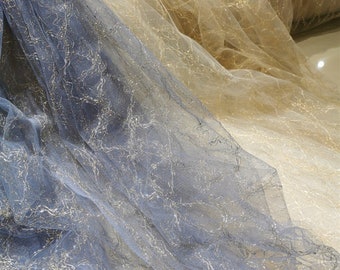 Blue Mesh Lace Gold Thread Embroidery Rhombus Pattern Tulle Fabric, Bridal Dress Fabric, Wedding Fabric, Party Gown Fabric, By 1 Yard