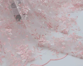 Hübscher rosa Blumen-Stickerei-Spitzenstoff mit gezackten Kanten, Mesh-Spitzenstoff für Puppenkleid, Frühlingskleid, Wohnkultur, Kleid