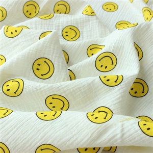Smiling Face Pattern Prints Double Gauze Baby Cotton Muslin Crinkly Fabric, Dress Skirt Fabric Garment Material, 100% Cotton, By the Yard