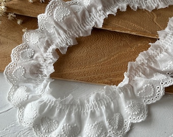 Ruffle Embroidery Heart Pattern Cotton Lace Trim, Pleated Cotton Lace for Socks, Doll Skirt, Girl Dress, Cuff, Curtains, Tablecloths, Crafts