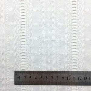 May include: White cotton fabric with a repeating embroidered pattern of small circles and geometric shapes. A ruler is placed at the bottom of the image, showing measurements in centimetres and millimetres.