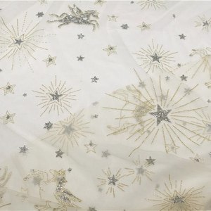 Tela de tul suave con ilusión de estrella, luna, caballo, lentejuelas plateadas, purpurina dorada, tela de encaje de tul para vestidos de novia, velos, alta costura, por 1 yarda