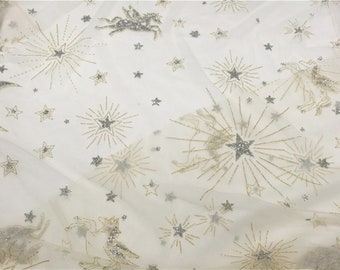 Soft Tulle Fabric Illusion Star Moon Horse Silver Sequin Gold Glitter Tulle Lace fabric for Bridal Gown, Veils, Haute Couture, by 1 yard