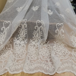 Retro Cotton Embroidery Fabric, Beige Double Edge Embroidery Lace Fabric, Mesh Lace Fabric, Bridal Dress Fabric, By 1 Yard
