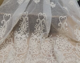 Tissu à broder en coton rétro, Tissu dentelle à broder double bord beige, Tissu dentelle résille, Tissu pour robe de mariée, 1 mètre