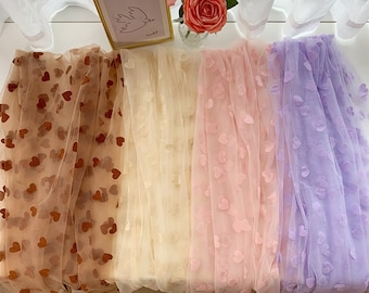 4 Colors Sweet Heart Lace Fabric Soft Tulle Heart Flocking Flocked Fabric for Couture Dress Prom Dress Wedding Dress Veil Costume DIY