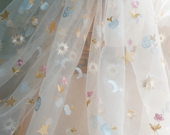 Adorable Star Fruits Embroidered Lace Fabric Off white Wedding Tulle Lace for Flower Girl Dress Baby Dress 51" Width By The Yard