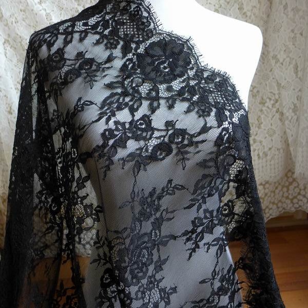 Black lace fabric, gorgeous eyelash floral lace fabric, black bridal gown, 61" wide fabric by the yard