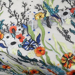 New Arrival Exquisite Off White Tulle Lace Fabric With Colorful Floral Embroidery, Sell By The Yard