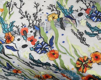 New Arrival Exquisite Off White Tulle Lace Fabric With Colorful Floral Embroidery, Sell By The Yard