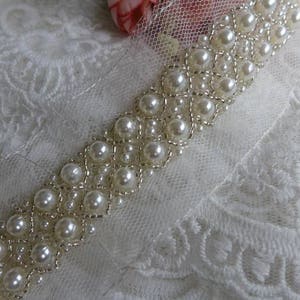 Ivory Beaded Jewelry Trim On Mesh Bridal Trim With Pearls Beading Trim Bridal Sash Bridal Belt image 1