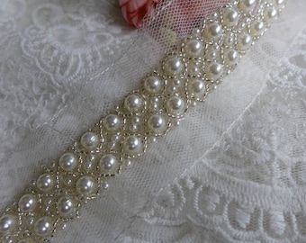 Ivory Beaded Jewelry Trim On Mesh Bridal Trim With Pearls Beading Trim Bridal Sash Bridal Belt