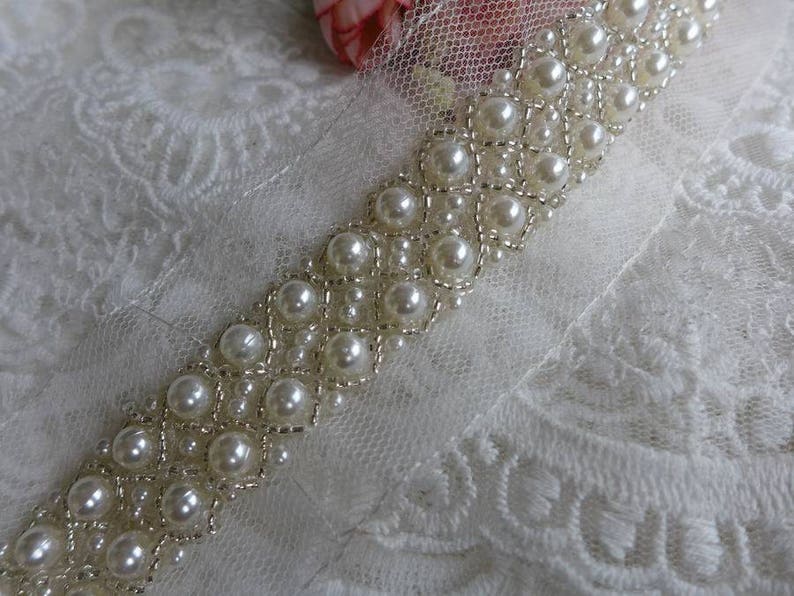Ivory Beaded Jewelry Trim On Mesh Bridal Trim With Pearls Beading Trim Bridal Sash Bridal Belt image 1