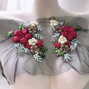 Burgundy Apricot Lace Flower Patch, Multi-color Lace Applique, Mirror Pair of Ribbon Flower Lace Applique