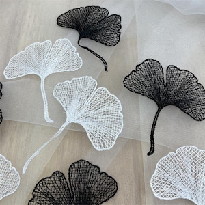 Black White Lace Applique, Hollowed Ginkgo Leaf Patch for Wedding Dress, Veils, Fairy Gown, Costumes, Cosplay, Dress Decor, Headpiece Sewing