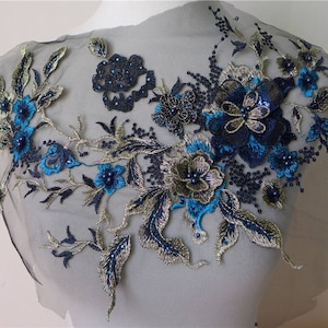 Flower Applique, Beaded Lace Applique, Wedding Appliques, 3d flower applique trim, bridal lace applique