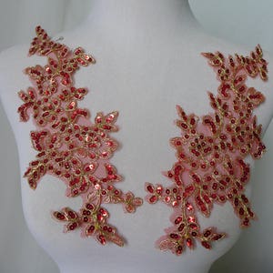 red sequins lace applique, gold thread corded lace applique, alencon lace applique on mesh by one pair