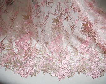 Pink Gold Floral Embroidery Organza Lace Fabric With Scalloped Edge, 53.1" Wide Venice Guipure Lace Fabric By the Yard